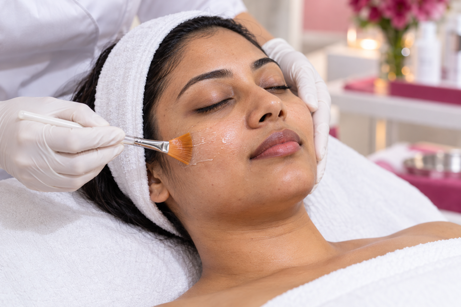 Illustrative chemical peel application with a fan brush; generated image, not an actual Fair Skins BD patient